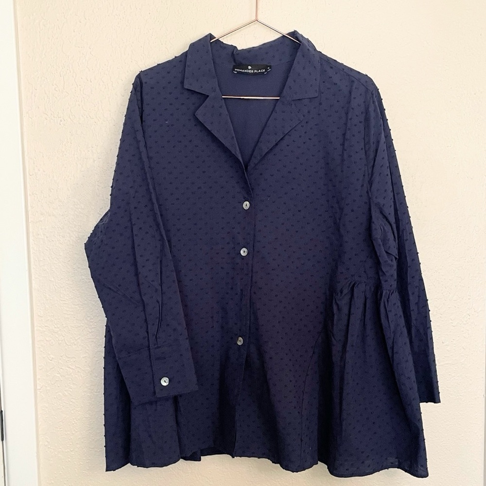 Pomander Place Scarlett Swiss Dot Navy Button Down Blouse XL